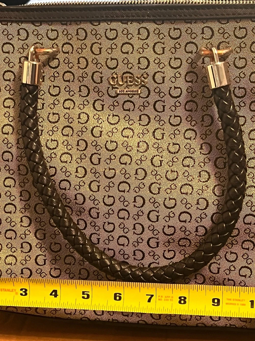 GUESS Beige Monogram Satchel with Black Braided Handles